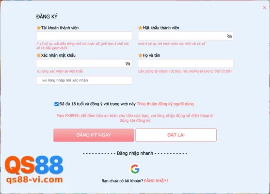 Đăng ký tài khoản QS88